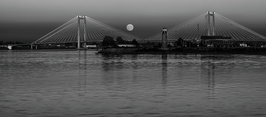 Moonrise Over the Cable Bridge - Black and White Photograph by Loree Johnson