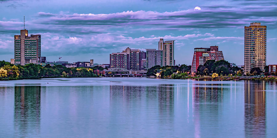 Boston Skyline Photograph - Moonrise Over The Charles River and Boston University Skyline Panorama by Gregory Ballos