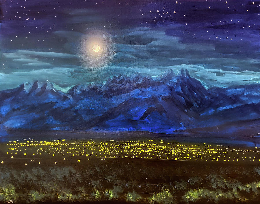 Moonrise over the Lights of Las Cruces and Organ Mountains Painting by Chance Kafka