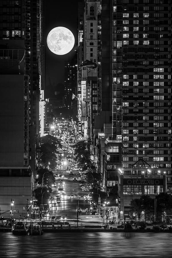 Moonrise Times Square NYC BW Photograph by Susan Candelario