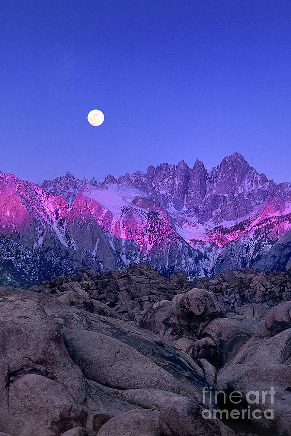 Moonset Alpenglow Alabama Hills Eastern Sierras California Photograph by Dave Welling