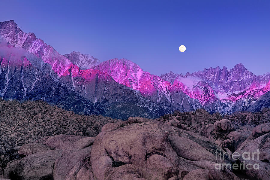 Moonset At Dawn Eastern Sierras Alabama Hills California Photograph by Dave Welling