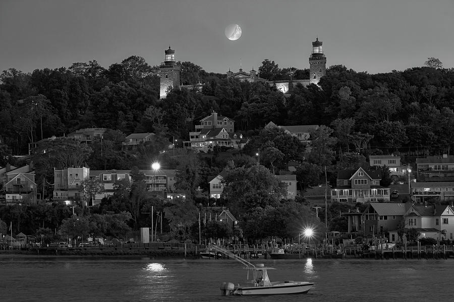 Moonset  Navesink Twin Lights BW Photograph by Susan Candelario