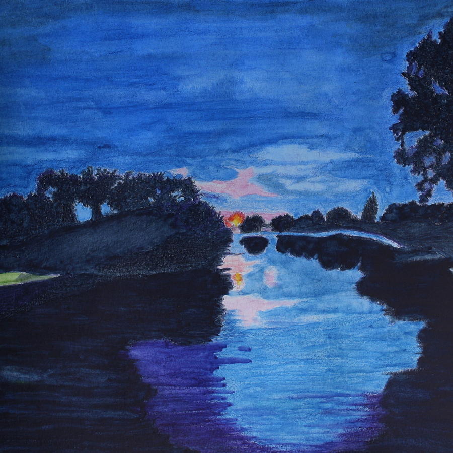 Moonset On The Lake At Dawn Painting