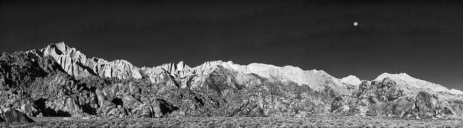 Moonset Over Alabama Hills - Black And White Photograph