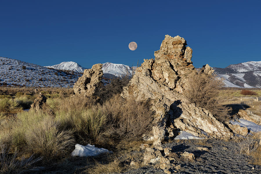 Moonset Over the Sierras with Sculpted Tufa  Photograph by Kathleen Bishop