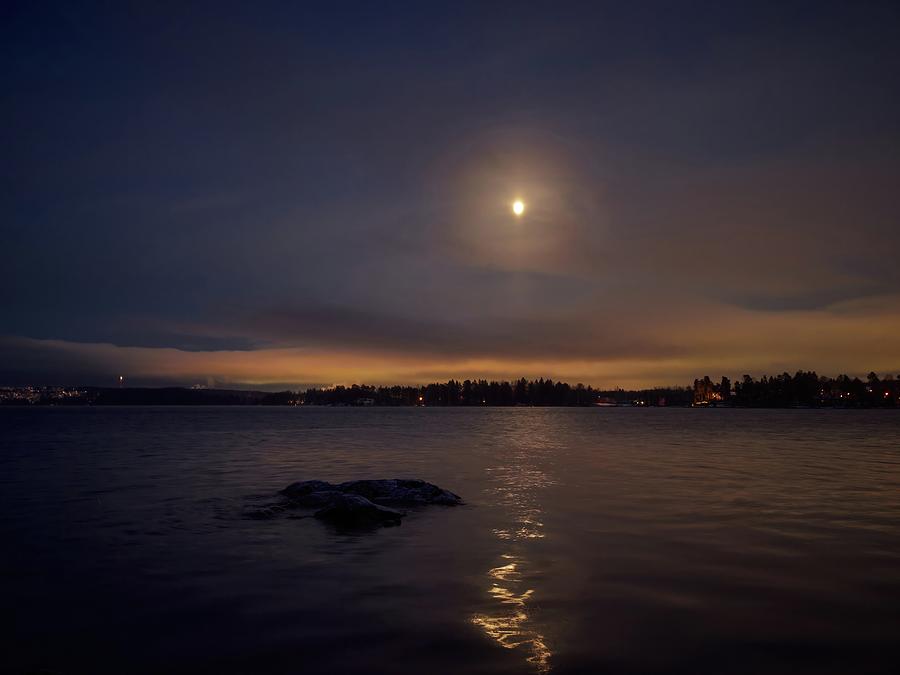 Winter Photograph - Moonshine lakescape. Full moon November 2023 by Jouko Lehto