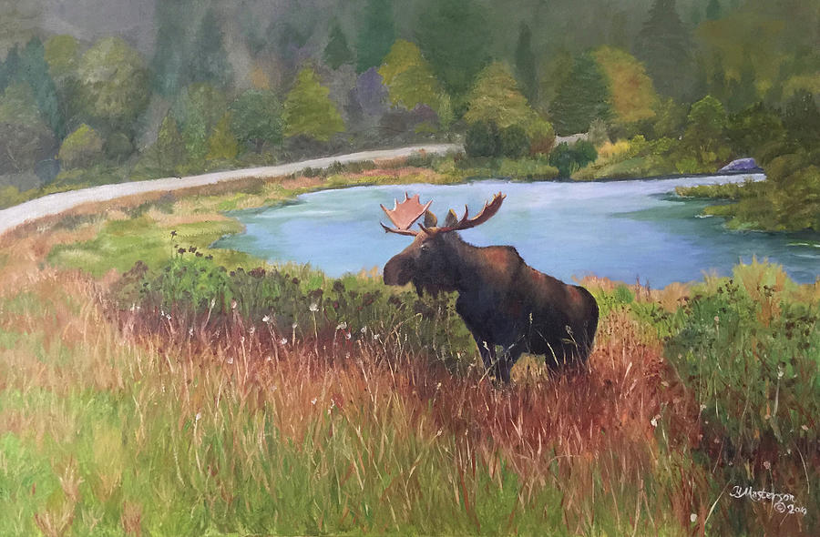Moose at the St. Joe River Painting by Harriett Masterson