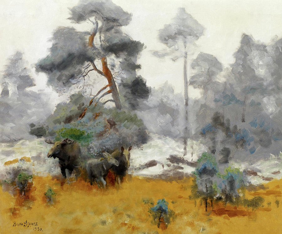 Bruno Liljefors Painting - Moose Family Entering A Clearing, 1930 by Bruno Liljefors Bruno Liljefors Painting - Moose Family Entering A Clearing, 1930 by Bruno Liljefors