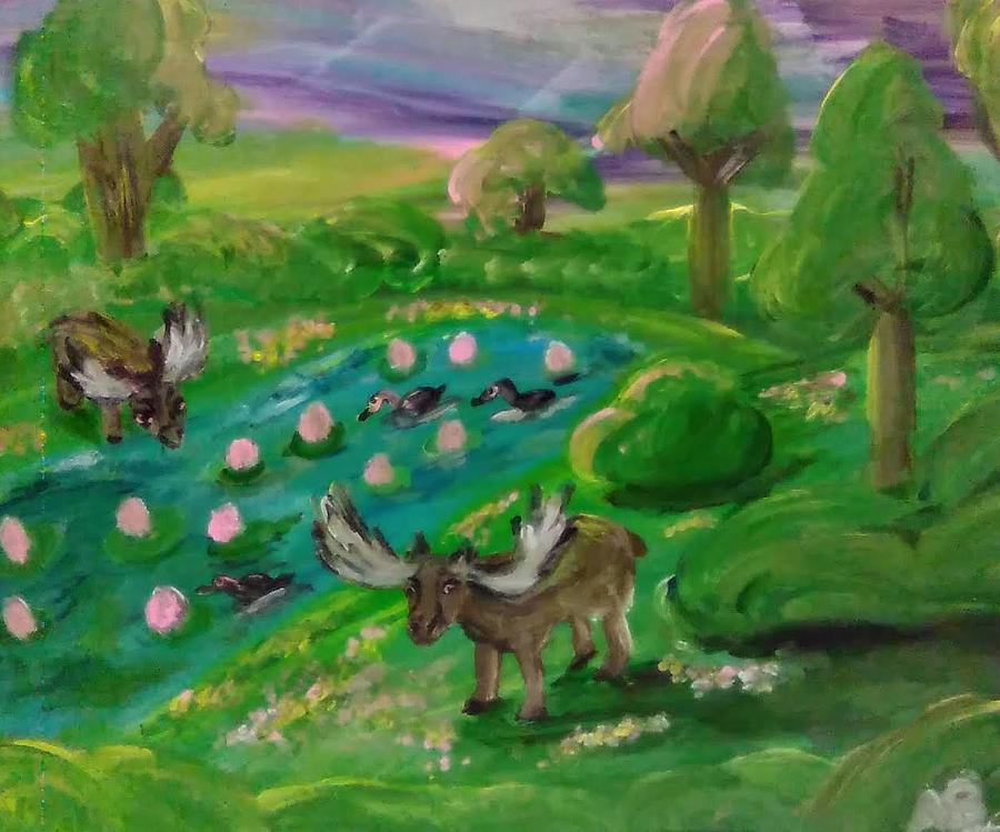 Moose Meadow with Three Grebes Painting by Andrew Blitman