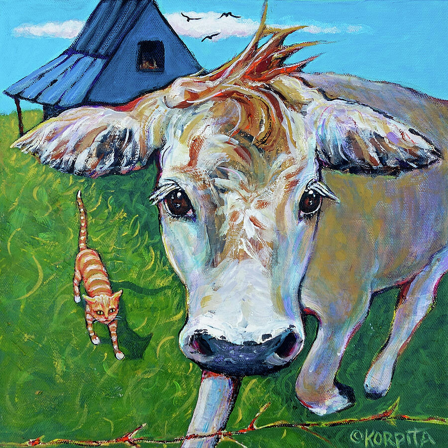 Moove Over - Cow and Cat Painting by Rebecca Korpita - Pixels