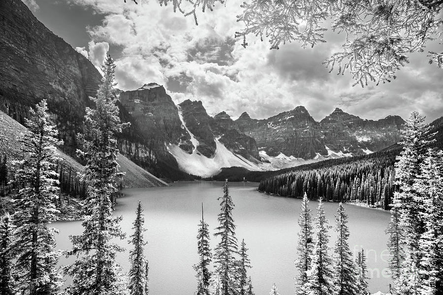 Moraine lake, black and white Photograph by Delphimages Photo Creations