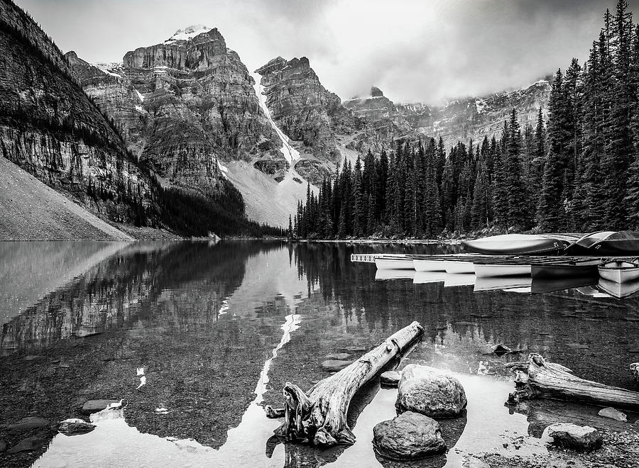 Moraine Lake Black And White Relections Photograph by Dan Sproul