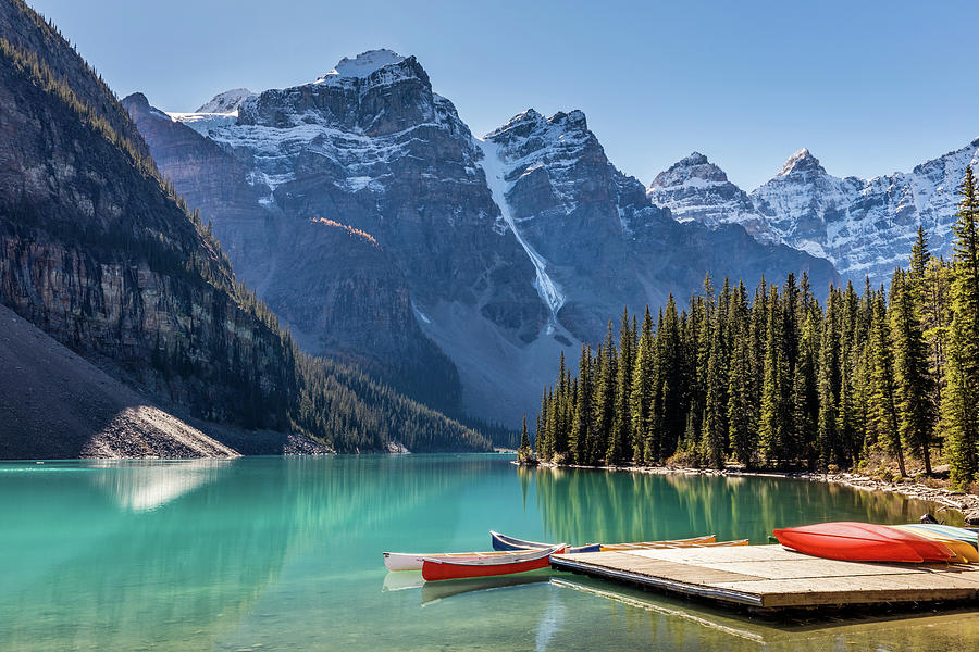 Moraine Lake Colorful Canoes Photograph by Pierre Leclerc Photography