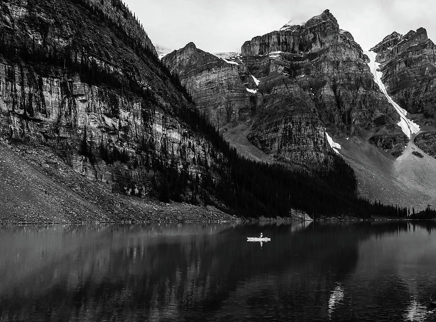 Moraine Lake Kayaker Black And White Photograph by Dan Sproul