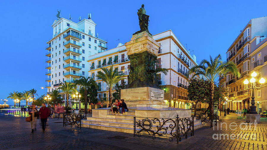 Moret Monument And Fenix Building In San Juan De Dios Square By Night Photograph