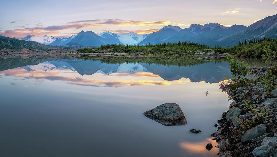 Morning at Wrangell Mountains with the water reflection Photograph by Alex Mironyuk