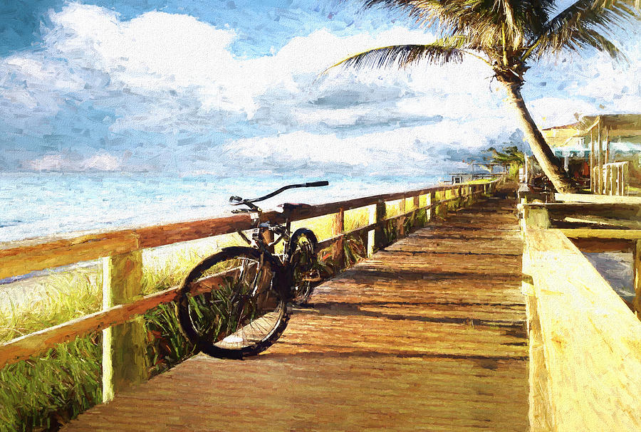 Morning Beach Bicycle Painting Photograph by Debra and Dave Vanderlaan
