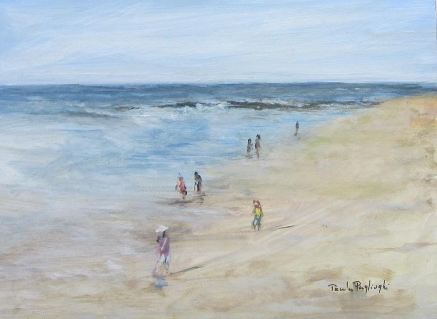 Morning Beach Crowd Painting by Paula Pagliughi