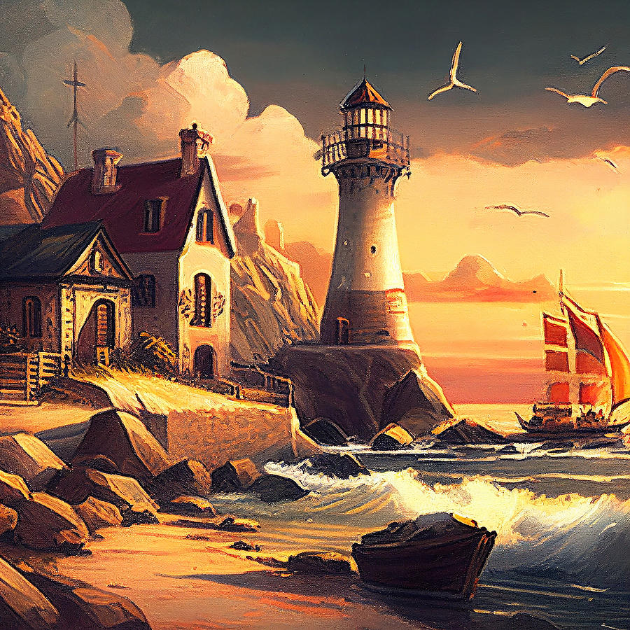 Morning by the Lighthouse Digital Art by Jennifer Hotai