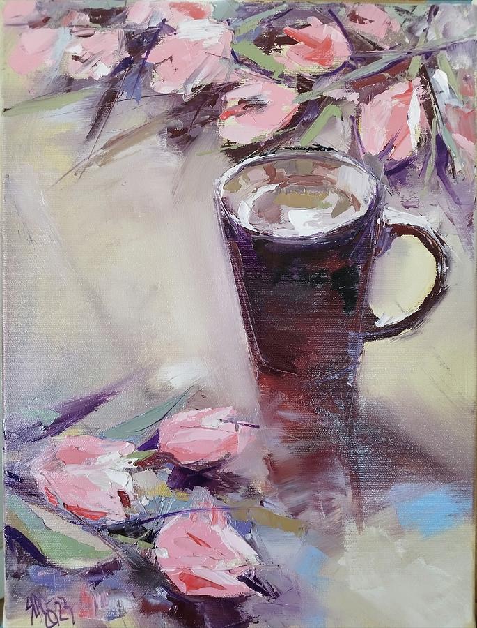 Morning cafe with tulip bouquet. Painting by Lorand Sipos