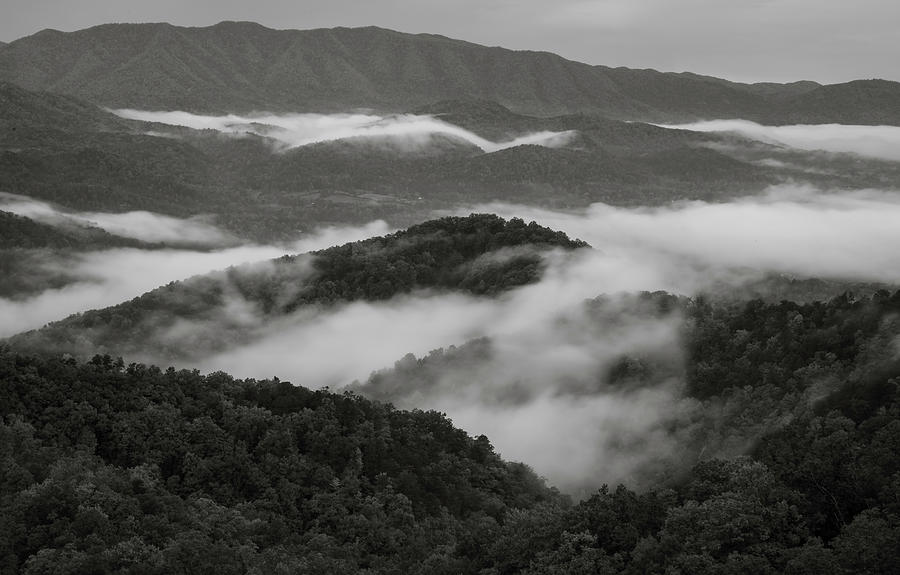 Morning Clouds Smoky Mountains Black And White Photograph by Dan Sproul