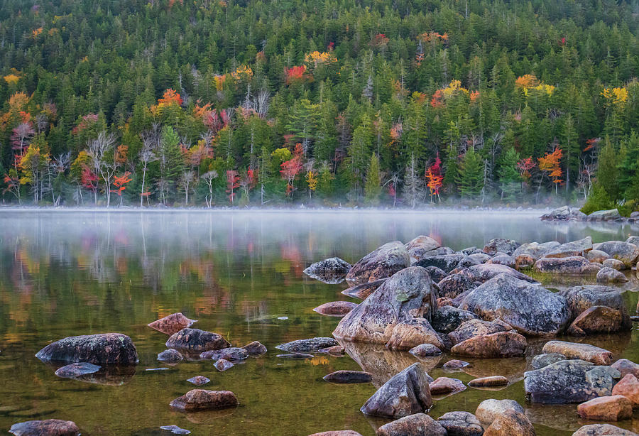 morning fog and mist on the shores of Jordons  Pond Photograph by Ann Moore