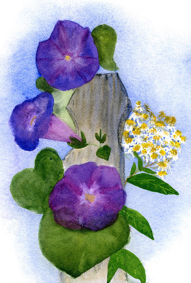 Morning Glories and Asters with the Garden Post, September Birth Flowers Painting by Elizabeth Reich