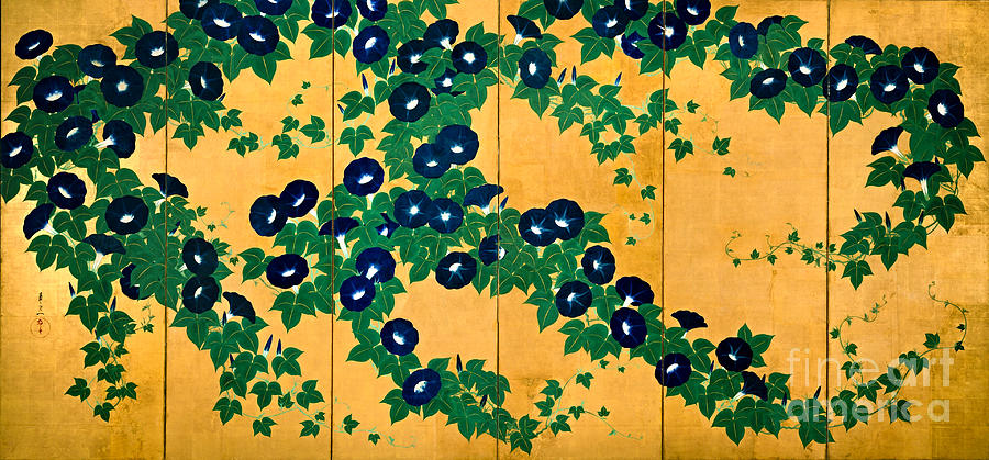 Morning Glories on Antique Gold Panels Japanese Edo Period circa 1830 Painting by Peter Ogden