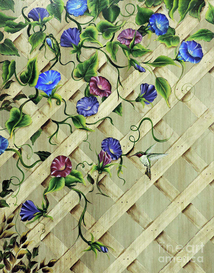 Morning Glories on Lattice Painting by Jimmie Bartlett