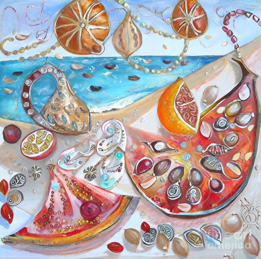 Summer Painting - Morning in October Painting summer gold fruits rich sea table mo by N Akkash