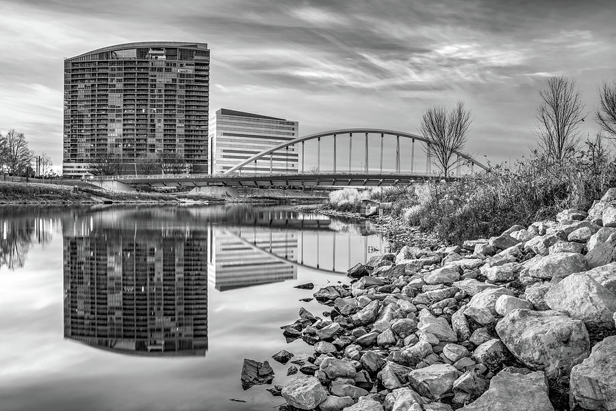 Black And White Photograph - Morning Light Along The Scioto River In Black And White - Columbus Ohio by Gregory Ballos