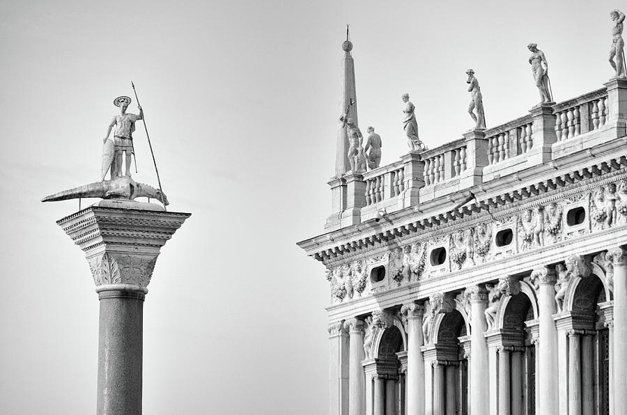 Morning Light on the Column of San Teodoro in Piazza San Marco Venice Italy Black and White Photograph by Shawn OBrien
