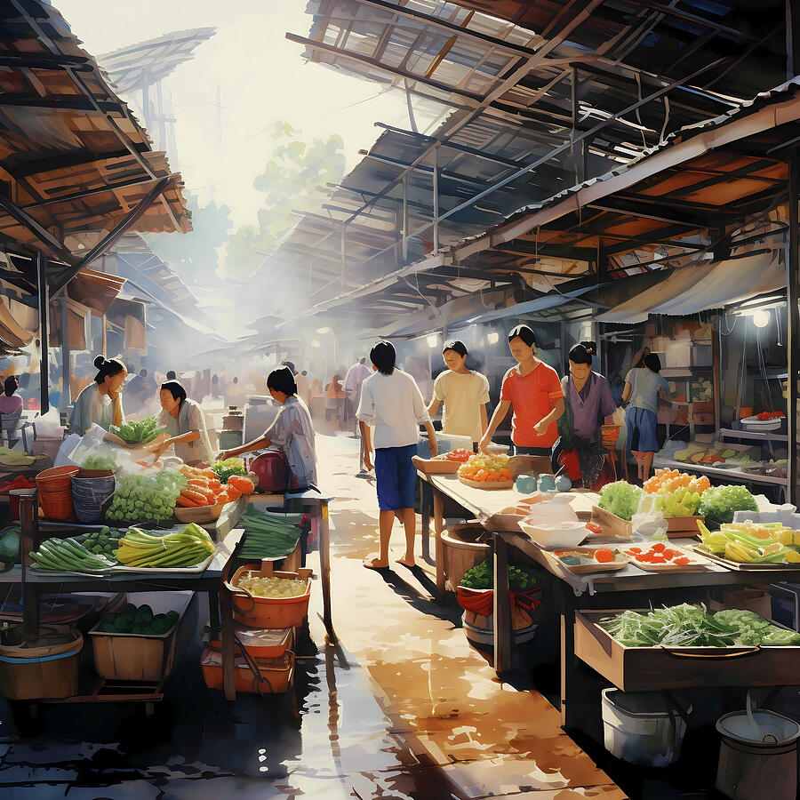 Asian Market Digital Art - Morning Market by Ava Waters