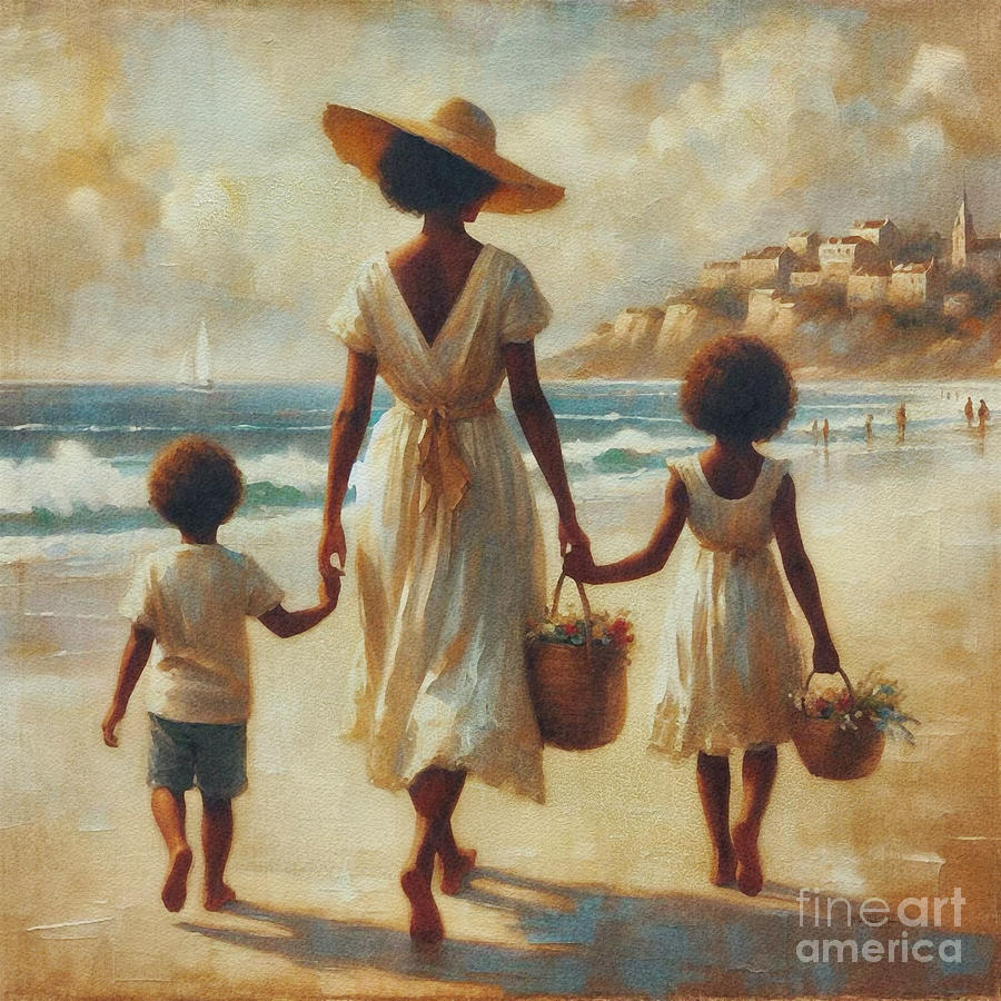 Mother And Children Walking On The Beach Painting by Maria Angelica Maira