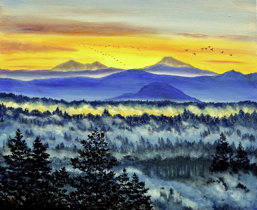 Morning over a Misty Valley Painting by Laura Iverson