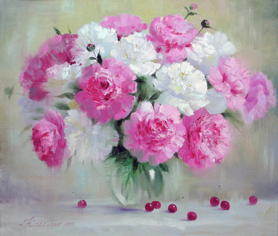 Flower Painting - Morning Peonies by Olena Kishkurno
