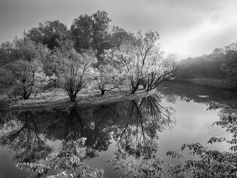 Morning Reflections on the River Black and White Photograph by Debra and Dave Vanderlaan