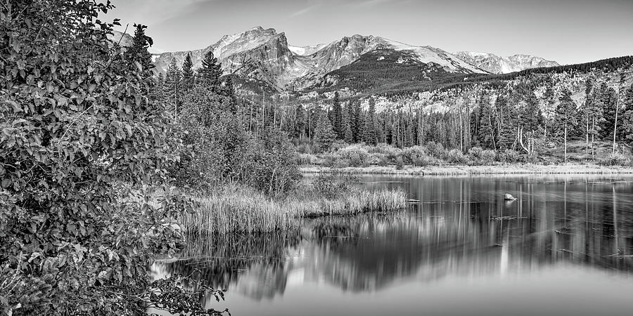 Morning Serenity At Sprague Lake Panorama - Black And White Edition Photograph