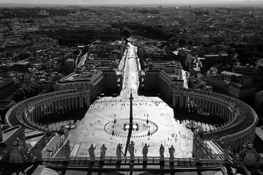 Morning Sun on St. Peters Square Vatican City Rome Black and White Photograph by Shawn OBrien