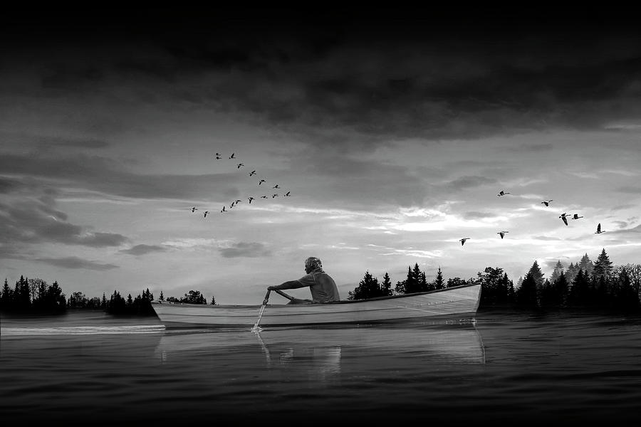 Morning Sunrise with Man Rowing a Boat with Flying Geese in Blac Photograph by Randall Nyhof