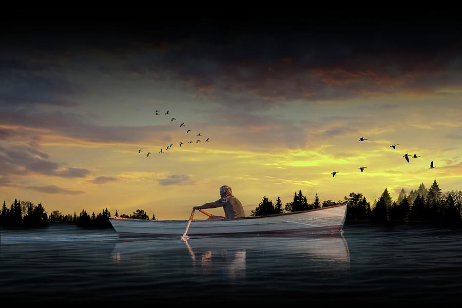 Morning Sunrise with Man Rowing a Boat with Flying Geese Photograph by Randall Nyhof
