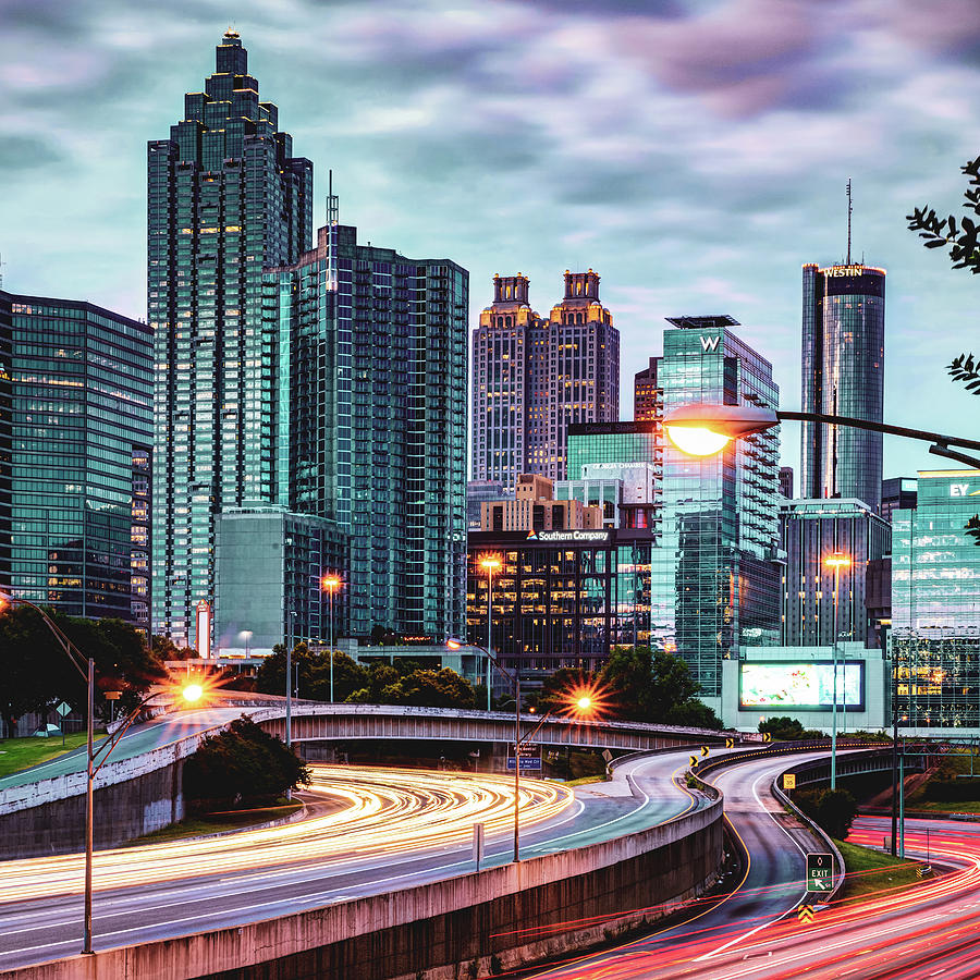 Morning Traffic and Atlanta Georgia Skyscrapers 1x1 Photograph by Gregory Ballos