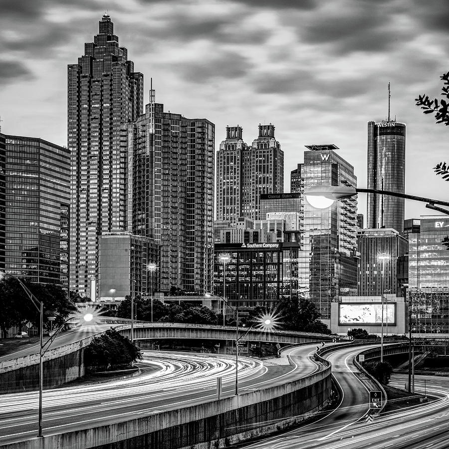 Morning Traffic and Atlanta Georgia Skyscrapers 1x1 Monochrome Photograph by Gregory Ballos