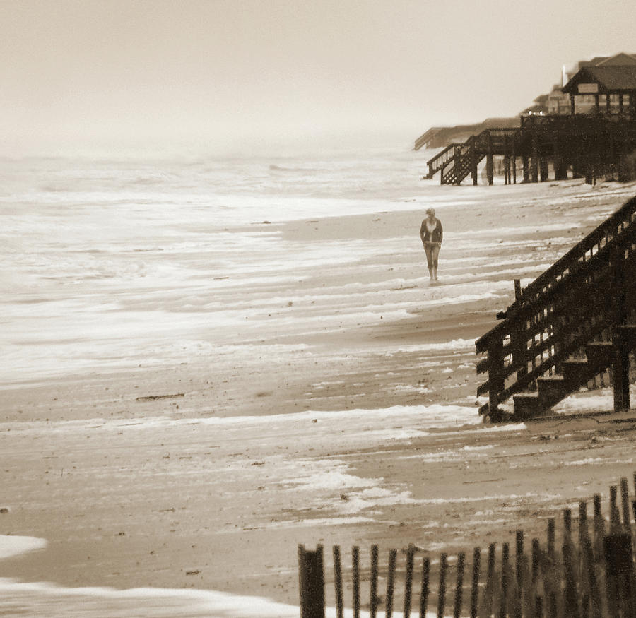 Black And White Photograph - Morning Walk on the Coast of North Carolina by Mike McGlothlen