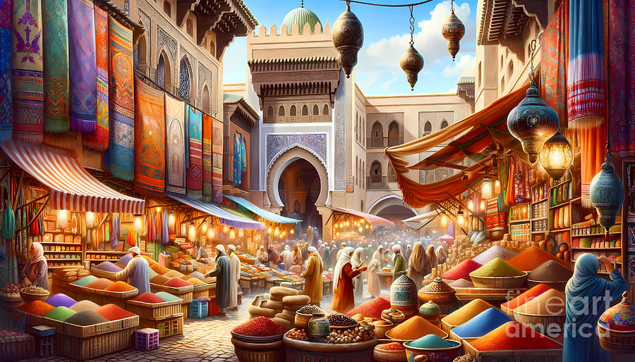 Fabric Digital Art - Moroccan Bazaar, A vibrant and bustling Moroccan market with colorful fabrics and spices by Jeff Creation
