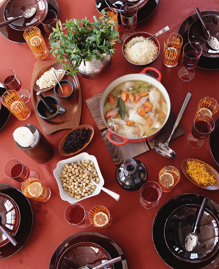 Moroccan chicken soup, overhead view Photograph by James Baigrie