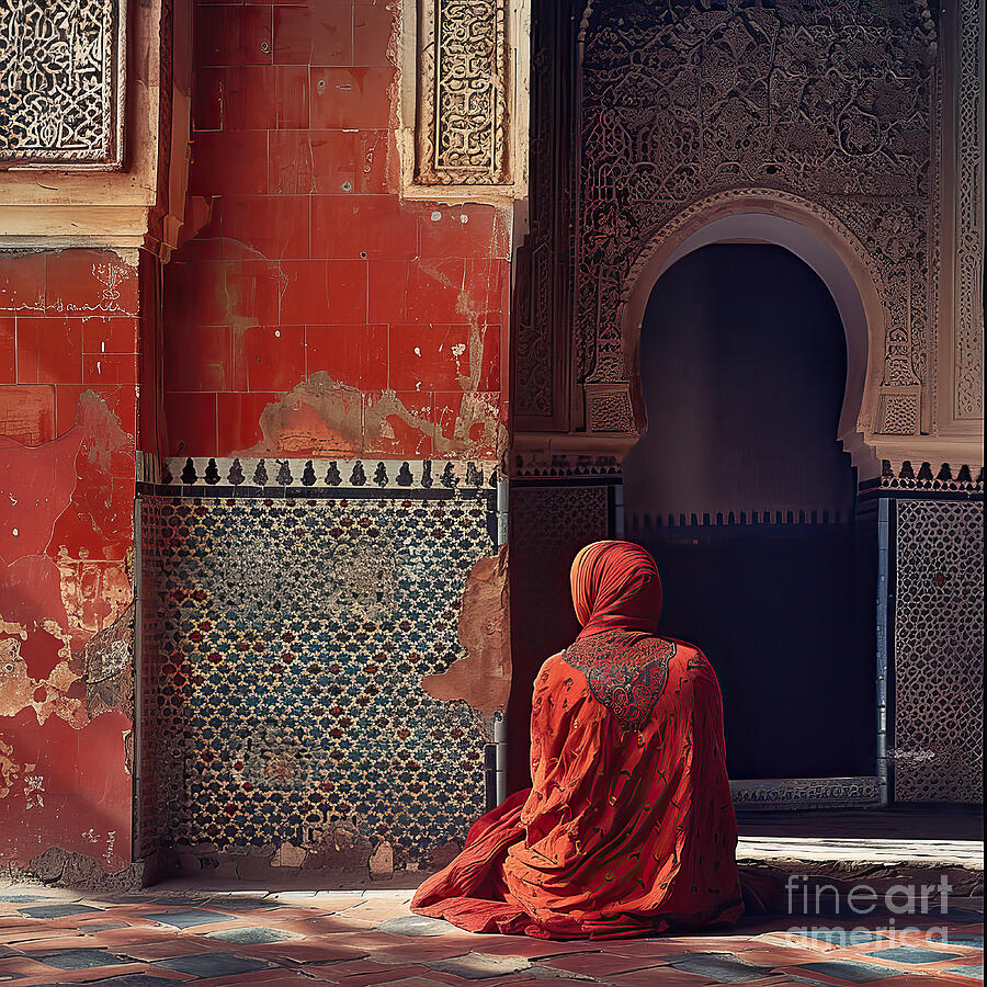 Morocco Digital Art - Moroccan Lady Dressed in Red by Elisabeth Lucas