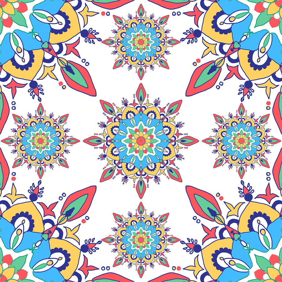 Moroccan Tile Inspired- Blue, Red and Yellow Drawing by Urvashi Patel