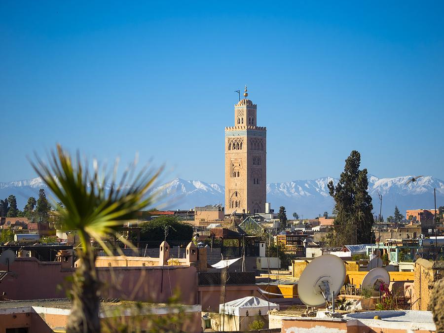 Morocco, Marrakech, Koutoubia Mosque with Atlas mountains in background Photograph by Westend61